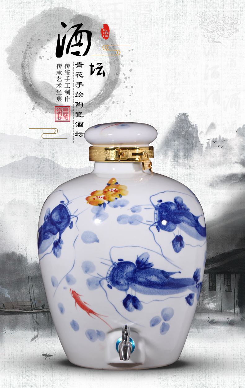 Jingdezhen ceramic jar 10 jins 20 jins 50 kg 100 jins of blue and white porcelain it household seal wine jar