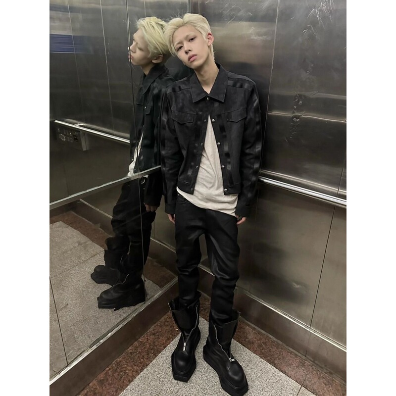 Street Punk Patchwork Design Leather Jacket, Spring and Autumn Striped Patchwork Black Short Shoulder-Length Niche Jacket Trend