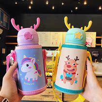 Cartoon cute antlers children straws thermos cup boys and girls with baby double cover Primary School students 316 water Cup