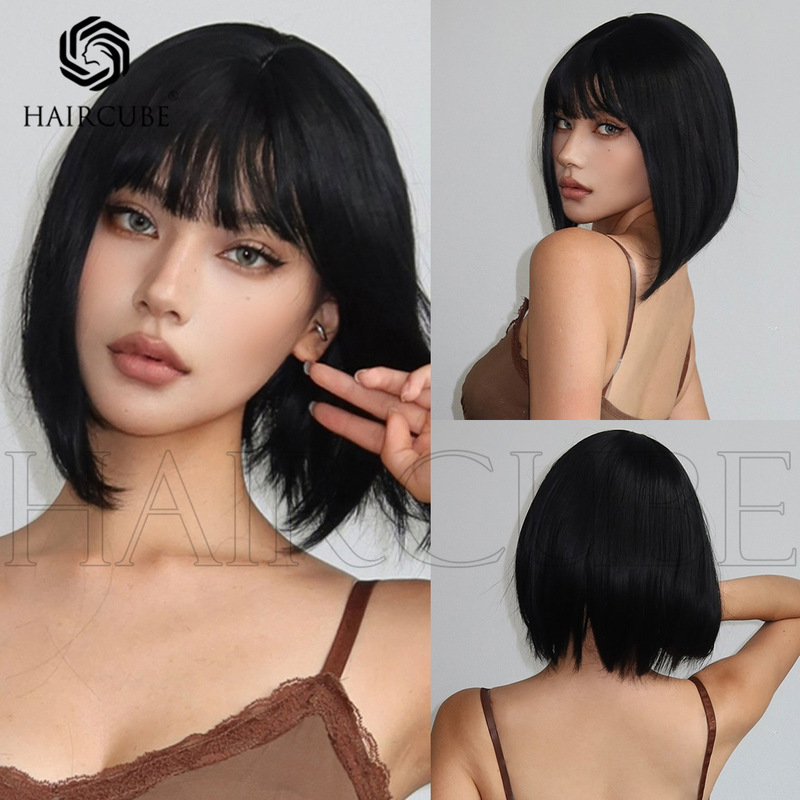 European and American Style Black Bob Short Straight Full Head Wig for Women Black Bob Short Straight Wig