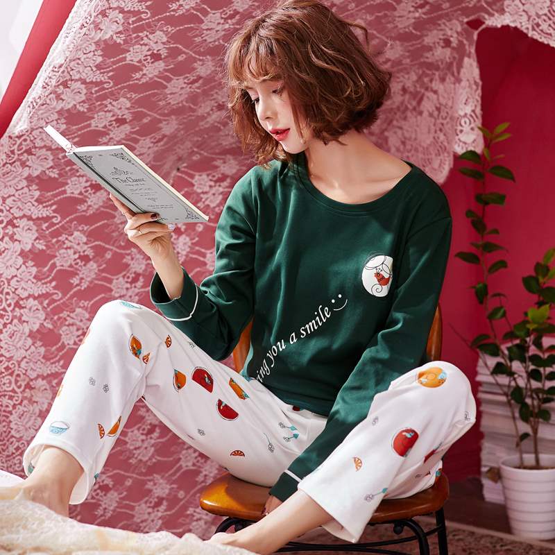 Bộ đồ ngủ mùa xuân và mùa thu nữ dài tay cotton Hàn Quốc ngọt ngào dễ thương tươi mát thả lỏng học sinh mùa thu phục vụ nhà - Giống cái đồ bộ mặc nhà cao cấp