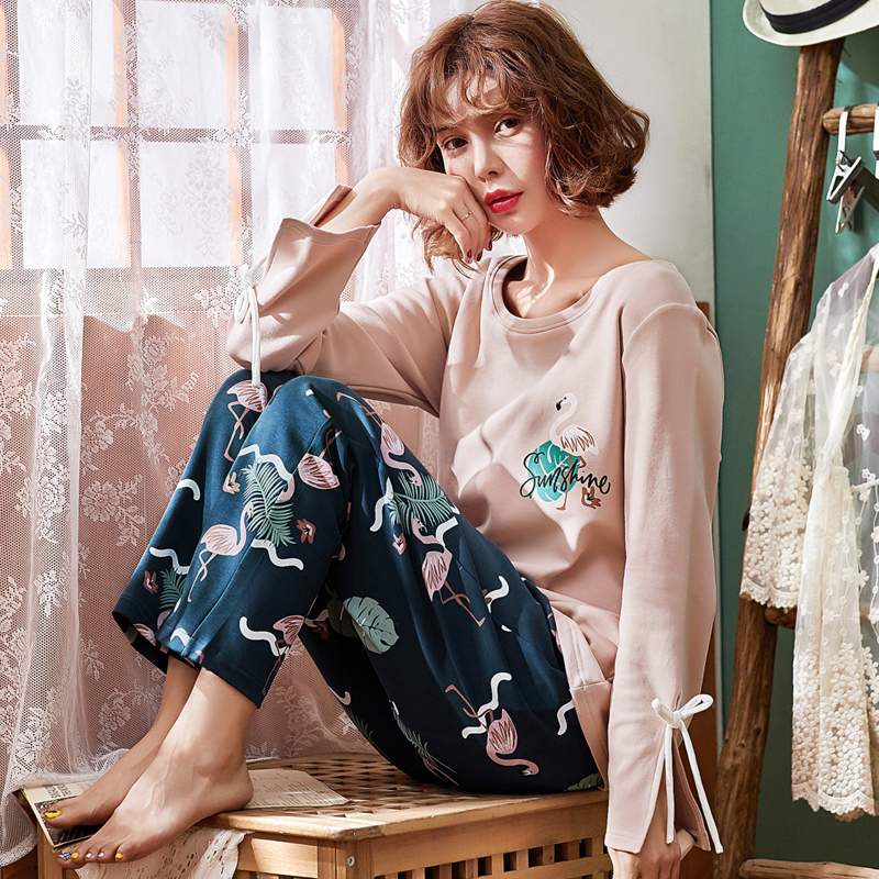 Bộ đồ ngủ mùa xuân và mùa thu nữ dài tay cotton Hàn Quốc ngọt ngào dễ thương tươi mát thả lỏng học sinh mùa thu phục vụ nhà - Giống cái đồ bộ mặc nhà cao cấp