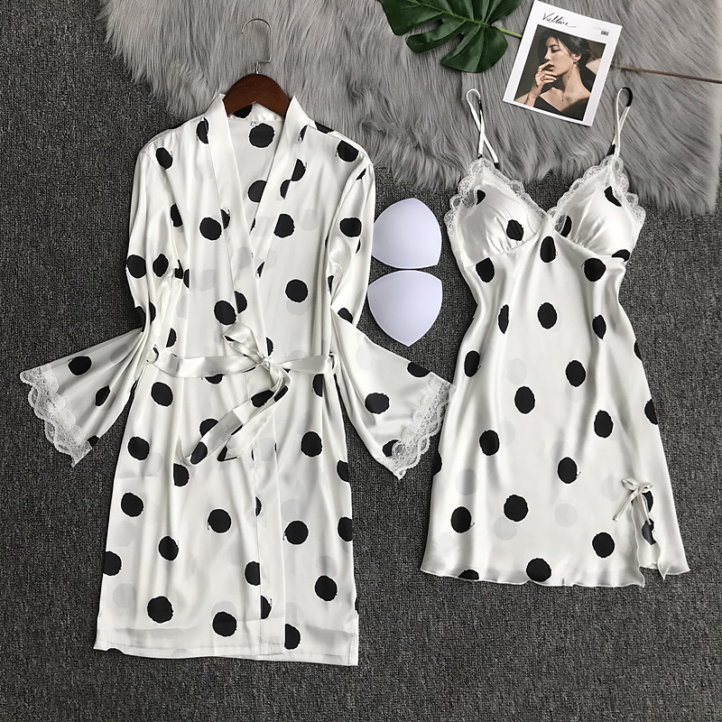 Sleeping Skirt Woman Summer With Chest Cushion Extractable Outfitting Ice Silk Sexy Lace Two Sets Emulated Silk Harness Sleepwear Summer