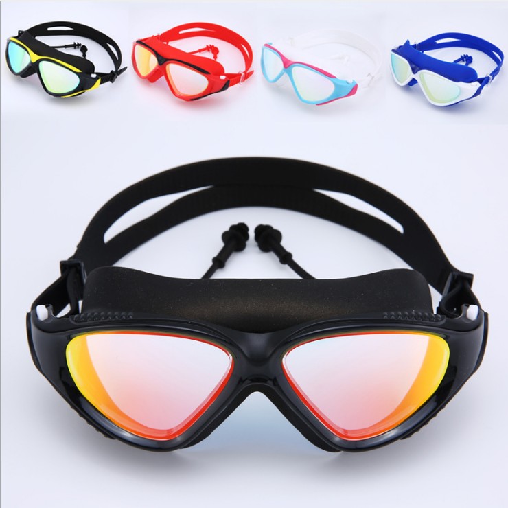 2021 new large-frame dazzling earplugs swimming goggles men and women high definition anti-fog waterproof swimming goggles flat light diving mirror