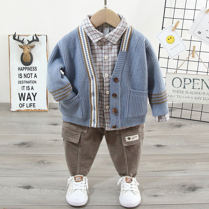 Boys sweater set baby autumn clothes children spring and autumn knit cardigan three-piece set baby toddler foreign air plaid clothes