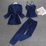 Fasina quần pyjama set áo len nữ ba mảnh phục vụ nhà đồ ngủ gợi cảm mùa hè mỏng - Night Robe