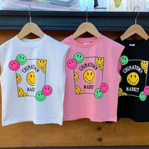 Korean womens clothing 2021 New sleeveless cotton T-shirt blouse smiley face print pattern baby childrens vest male summer