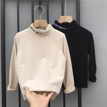 Boys semi-high neck base shirt Pure cotton autumn and winter childrens long-sleeved T-shirt with baby girls long-sleeved brushed T-shirt tide