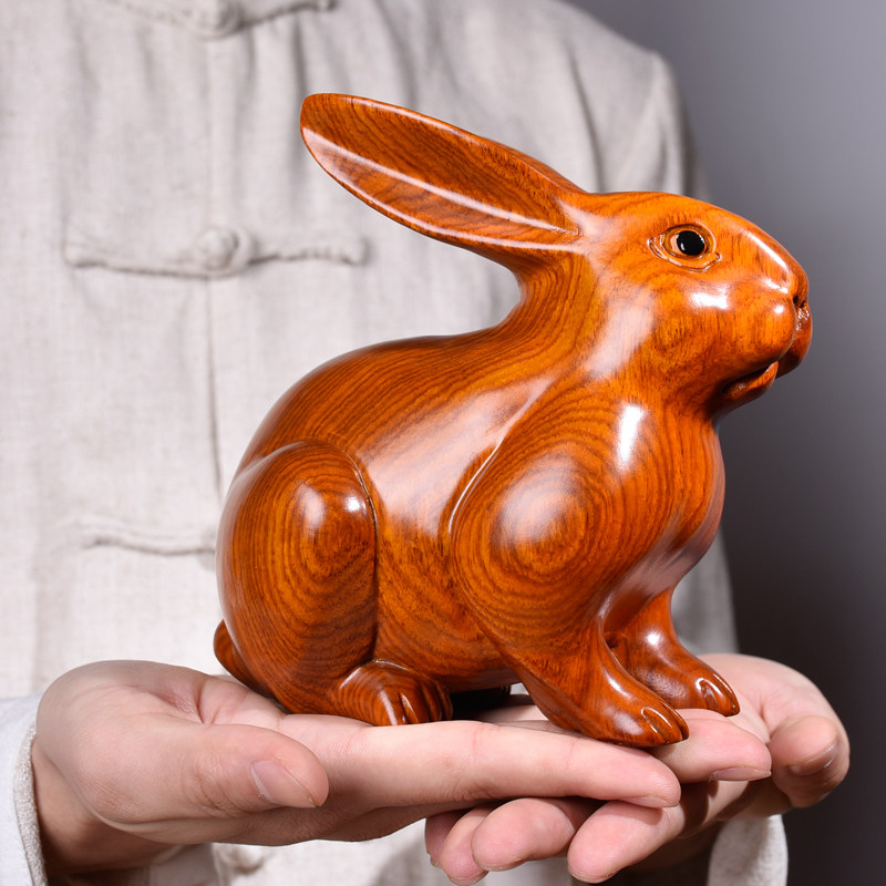Huanghuali solid wood carving rabbit ornaments log pair of male and female zodiac rabbit home mahogany crafts