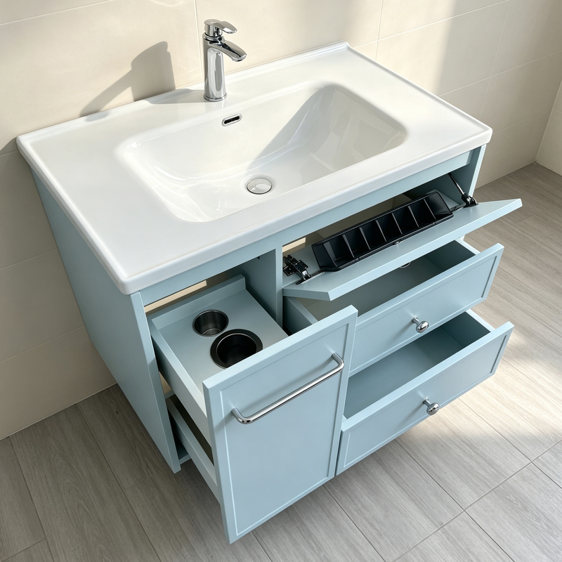 Light Blue Solid Wood Pull-Out Bathroom Cabinet with Hair Dryer Socket, Ceramic Integrated Basin, Bathroom Sink, Washbasin