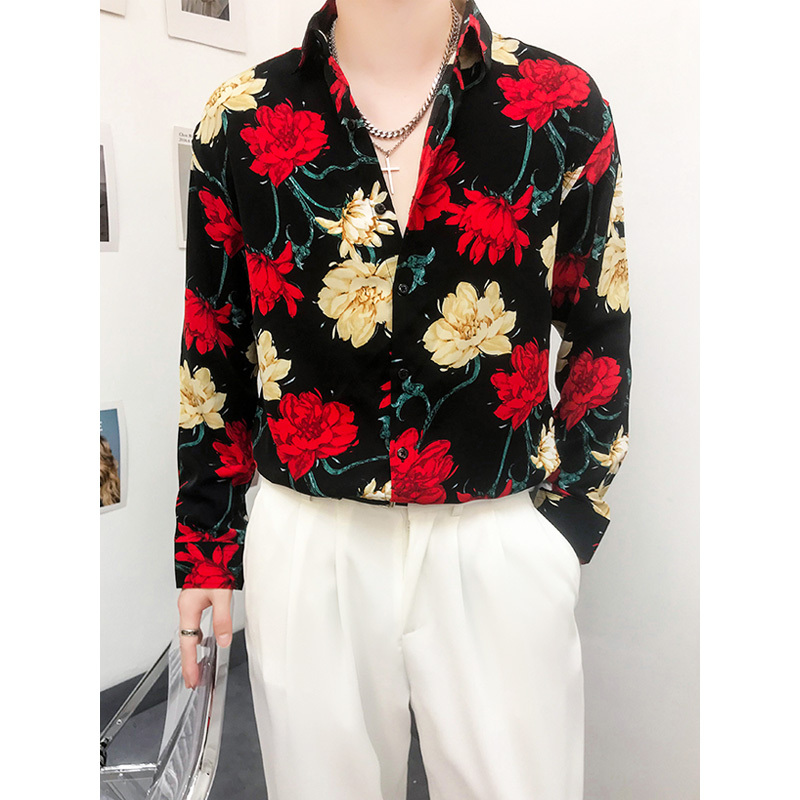 Chinese Style Retro Printed Shirt for Men, Casual and Stylish Long-Sleeved Shirt for Spring and Autumn, with a Cool and Handsome Design, Floral Shirt, Loose and Thin Style