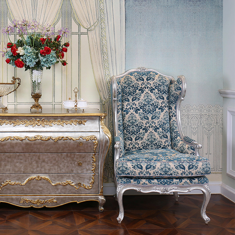 French palace style all solid wood hand-carved paste sterling silver ice and snow blue villa living room bedroom tiger chair leisure chair
