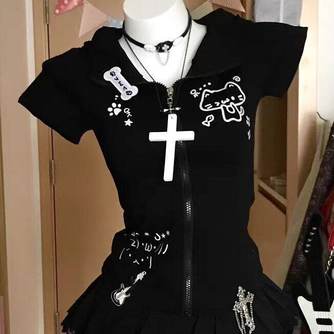 Cat Ears Y2K Long and Short Sleeve Zip-Up Hoodie Jacket for Girls, Spring and Summer Japanese Subculture Slimming T-Shirt Top