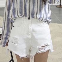 White denim shorts womens summer perforated high waist irregular student Korean loose plus size thin wide leg hot pants