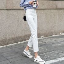 White spring and autumn dad high waist straight tube thin wide legs loose Korean jeans female student all-match cropped pants