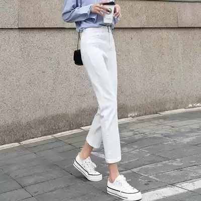 White spring and autumn father high waist straight tube thin wide legs loose Korean jeans female students Joker ankle-length pants