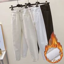 Plus velvet thickened autumn and winter high-waisted Harun dad straight jeans womens loose Korean version of student wide-leg nine-point pants