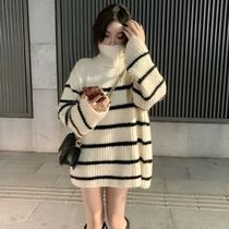 Spring warm lazy wind mid-length striped turtleneck sweater female student Korean loose all-match thickened sweater trend