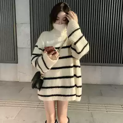 Spring warm lazy wind long striped turtleneck sweater female students Korean version of loose Joker thick knit sweater tide