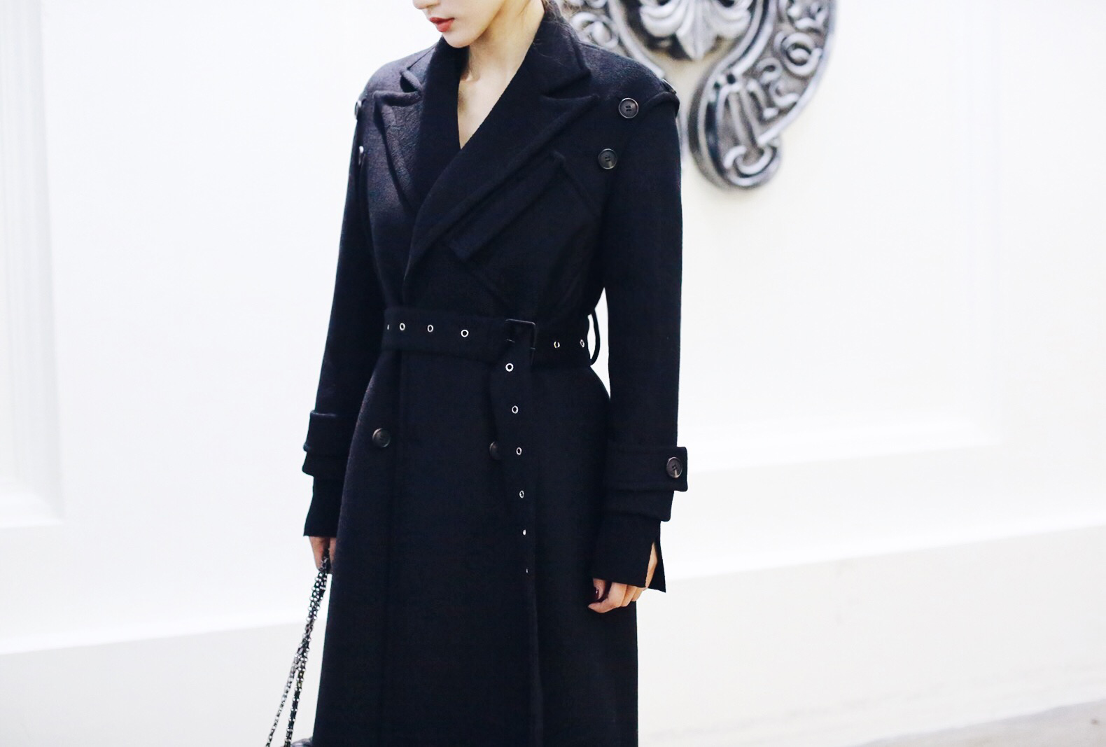 Liseyen mùa thu phụ nữ 2018 new black coat nữ over the knee dài retro eo belt jacket áo khoác dạ nữ dáng suông ngắn