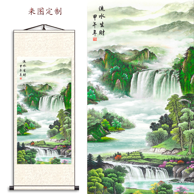 Lucky landscape painting Lucky hanging painting patron making money background scroll vertical office living room running water Feng Shui head