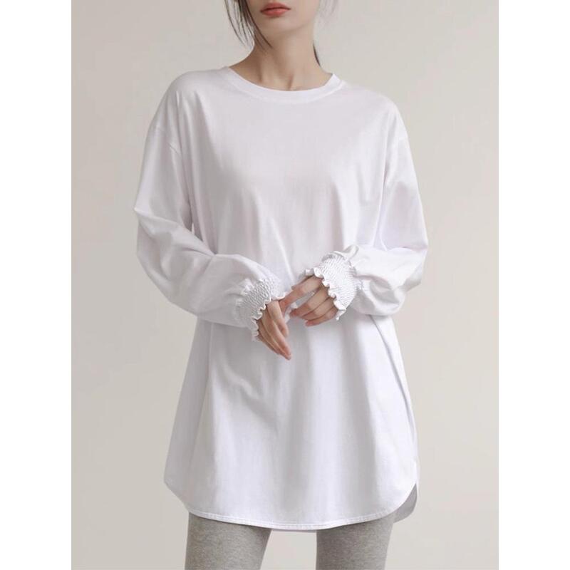 White Cotton Long-Sleeve Women's T-Shirt, 2025 Spring and Autumn New Trendy Loose-Fitting Slim-Fit Style, Round Neck with Ruffled Sleeves White Cotton Long-Sleeve Women's T-Shirt, 2025 Spring and Autumn New Trendy Loose-Fitting Slim-Fit Style, Round Neck with Ruffled Sleeves