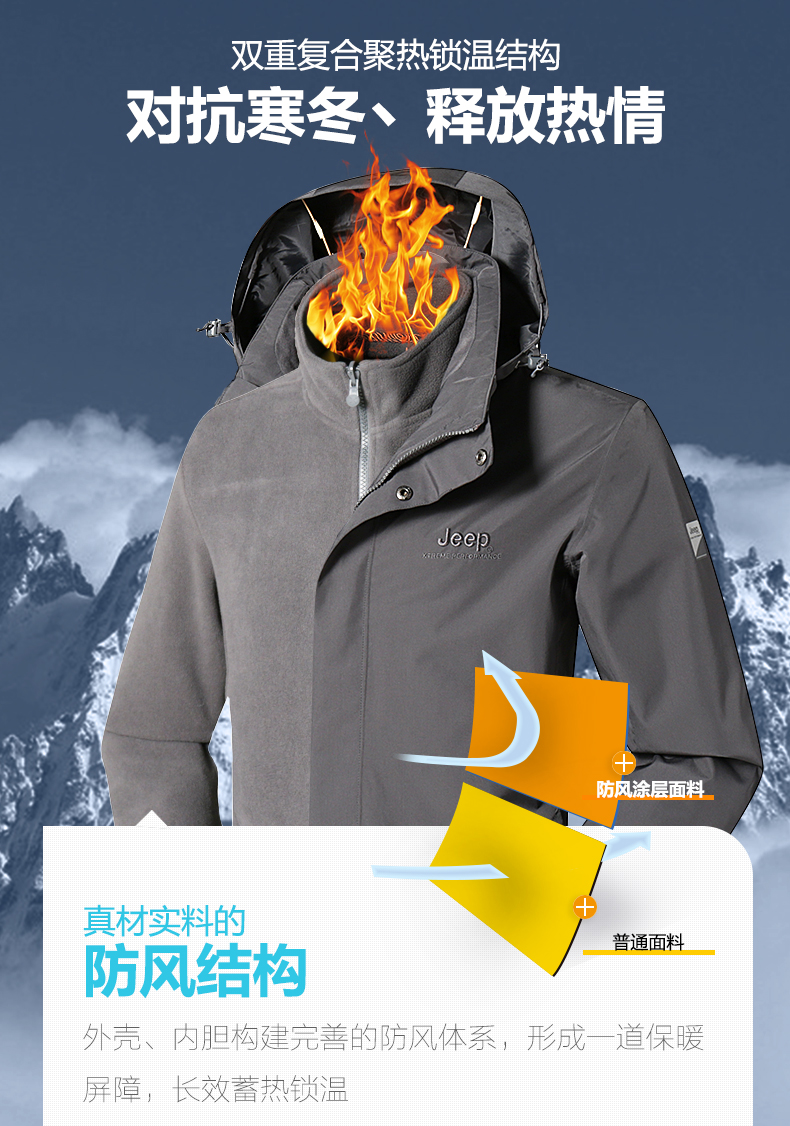 Jeep 男士 全面防风防水 加绒加厚冲锋衣 2件套 图4