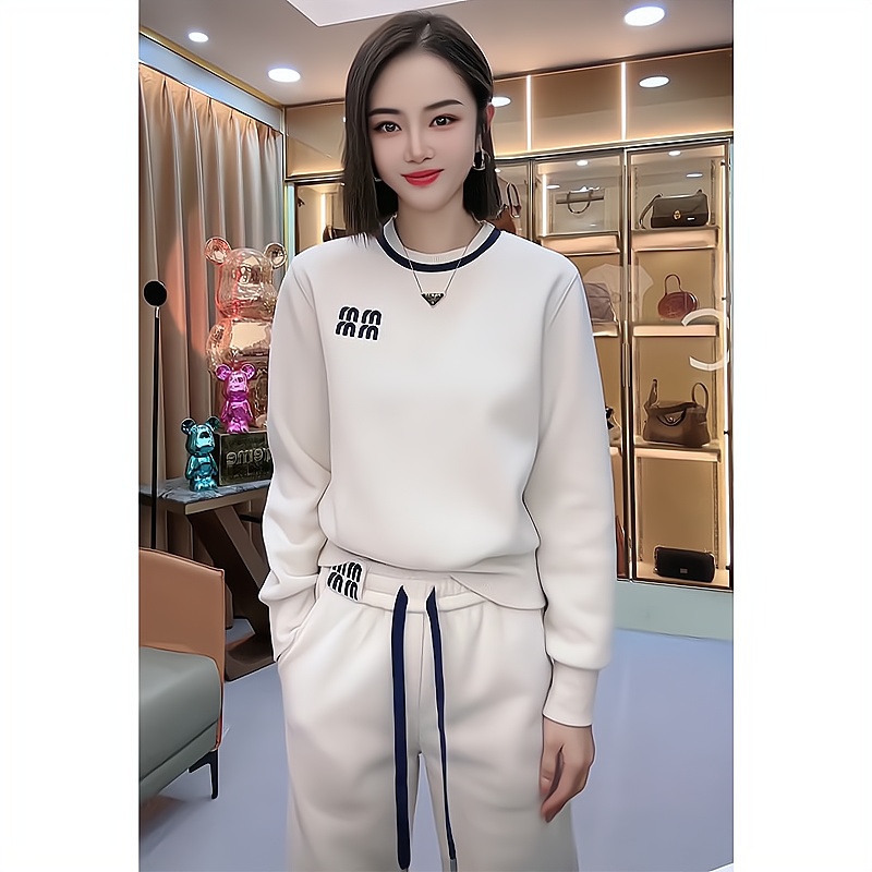 Stock Trendy Explosive Plus Suede Sports Suit Woman Autumn Winter 2023 New Ocean Gas Round Neckline Letter Clothing Two Sets-Taobao