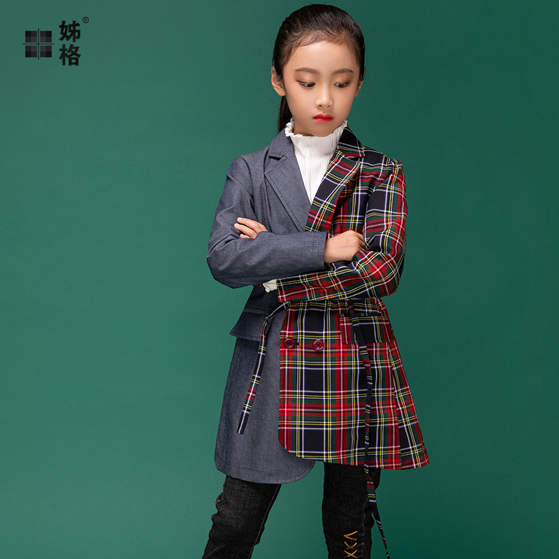 Tian Sister children's clothing spring girls British style double-breasted asymmetric children's color color long suit jacket