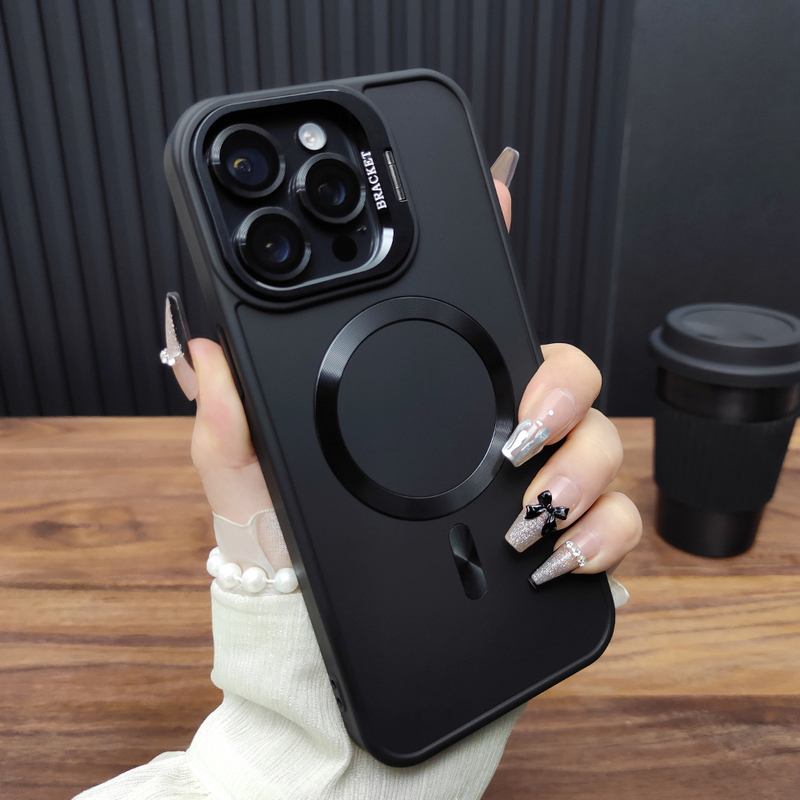 Suitable for Apple 17Promax Phone Case iPhone 16 Alloy Lens Film 14Plus Alloy Folding Stand 13 Magnetic Charging 12 Anti-Drop Silicone 15 Hole Protective Case Simple C67
