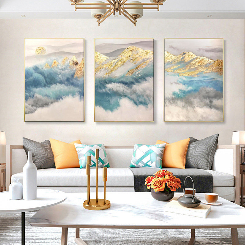 Living room decoration painting sofa Background wall Triple hanging painting dining room Bedroom Xuanguan hand painted oil painting gold leaf solid oil painting