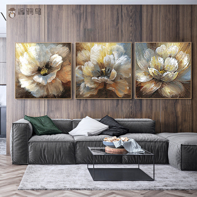 Living room decoration painting sofa Background wall Mudan flowers open rich and expensive headboard hanging painting triptych Flowers Abstract Oil Painting