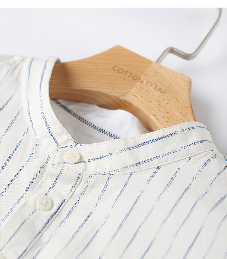 Áo sơ mi sọc cotton nam mùa thu mới thả nhỏ thả vai sợi nửa cửa 襟 Cổ áo đứng dài tay áo thủy triều - Áo sơ mi kẻ caro