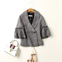 K5 gấp len nguyên chất twill lá sen tay áo năm điểm màu xanh lá cây cổ áo thời trang áo ngắn 8C0699 không trả lại thời trang nữ 2021