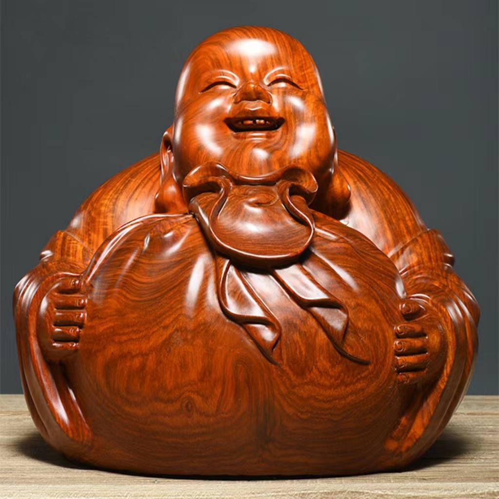 Yellow flower pear wood sculpted Millver Pendulum Pieces Solid Wood Engraving Sitting Laughing Cloth Bag Buddha Home Xuanguan Decoration Red Wood Handicraft-Taobao