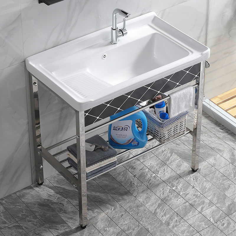 Stainless steel bracket ceramic laundry basin toilet wash basin wash basin with washboard balcony ultra-deep sink washbasin