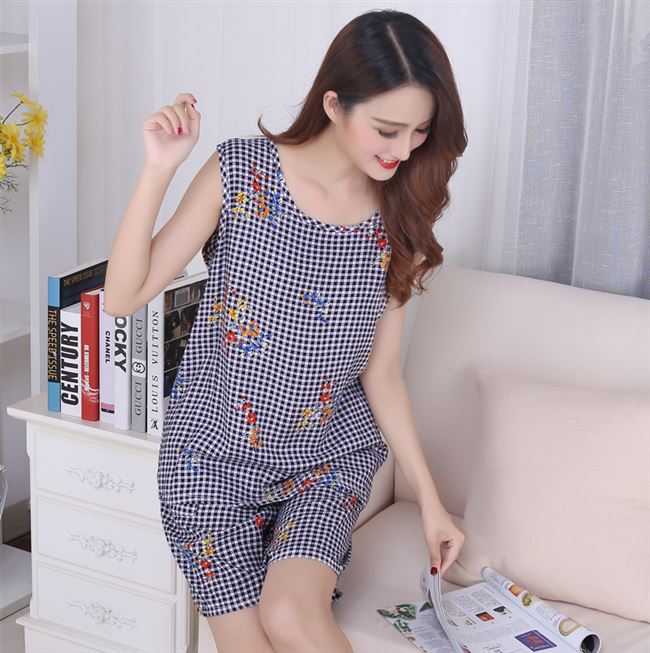 Áo ngủ nữ bằng lụa cotton mùa xuân và mùa thu cotton nhân tạo không tay áo vest ngắn phù hợp với tăng phần mỏng dịch vụ tại nhà - Bộ Pajama pijama tiểu thư