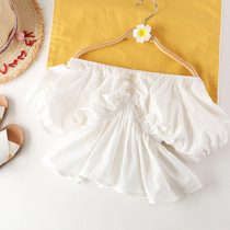 Girls shoulder top 2021 summer new foreign style childrens shirt short sleeve shirt Korean cotton doll shirt