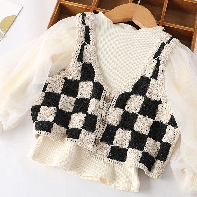 Baby Waistcoat Spring Autumn Outside Wearing 2021 Girls Chessboard Plaid shoulder Ocean sends children knit waistcoat Trendy Vest