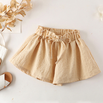 Girls cotton and linen shorts wear summer new foreign style childrens lattice pants Children Baby loose casual pants culottes
