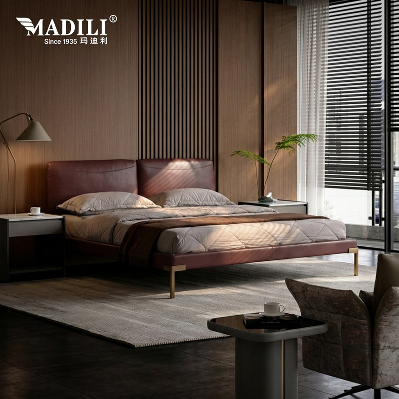 Madiili 2026 New Model Light Luxury Minimalist Genuine Leather Bed Modern Large Bed Master Bedroom Double Bed 1.8m Bed Italian Original Design