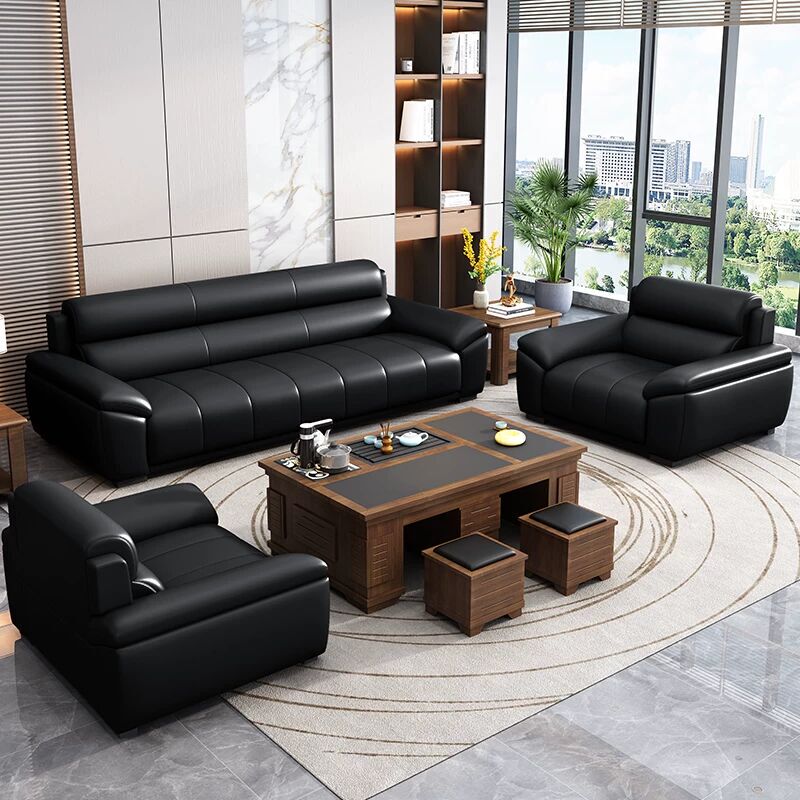 Office Sofa and Coffee Table Set for Reception and Meeting Rooms, Chinese-Style Business Modern Minimalist Vip Lounge Area, Three-Seater