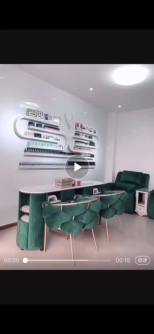 Modern Grey Marble Top Double Nail Table And Chair Set Gold Metal Frame