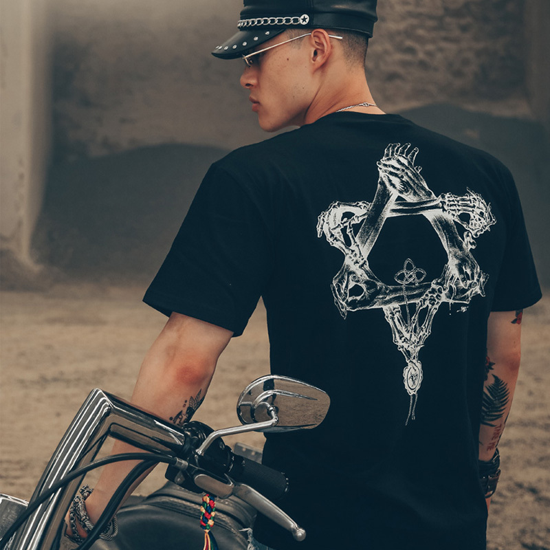 Pioneer Dark Designer High Street Rock Tattoo Hairstylist Tattoo Skull Rock Pentagram Short-Sleeve T-Shirt for Men