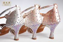 Wuyisha 8 5-heeled Latin shoes with diamond-encrusted dance shoes competition pen heel dark-skinned satin soft-soled dance shoes for women imitation Austrian