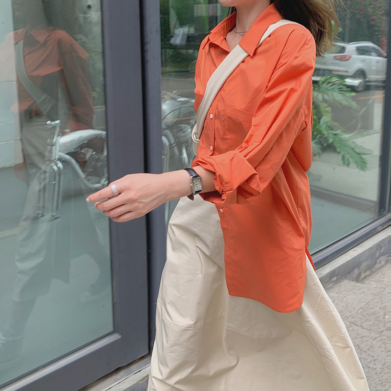 Small pull-out pint bright orange big cuffs Korean version shirt long sleeve flap collar loose blouse women 2022 spring and autumn