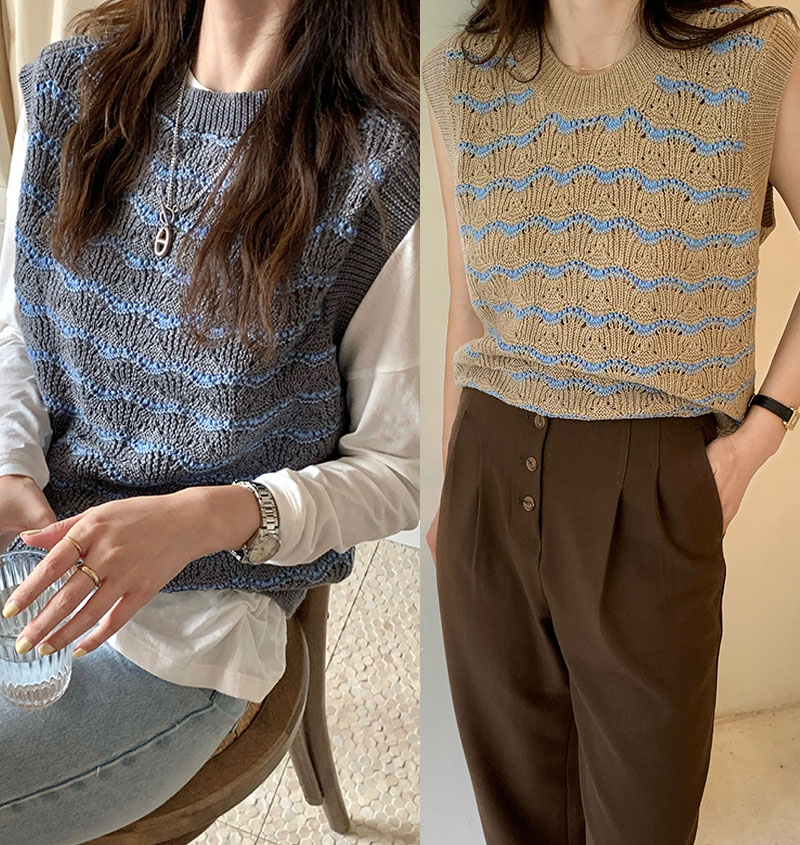 Xiaoxiaola 1937 Contrasting Color Chain Link Vest Vest Round Neck Pullover Short Sleeved Shirt Wool Knitwear Fall 2022