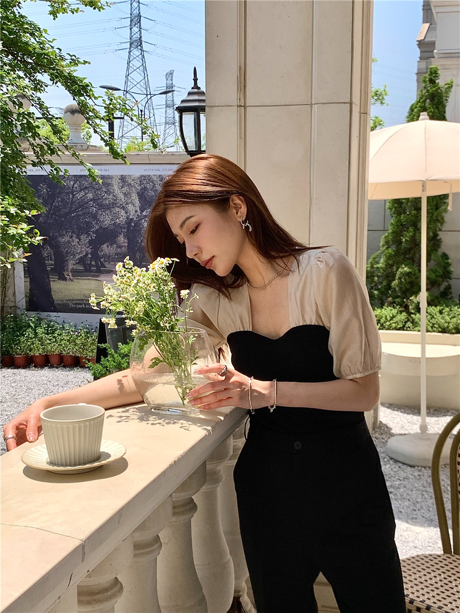 Small pull 1937 just need ice wire small black splicing high bullet tops French retro - waist meteorological shirt