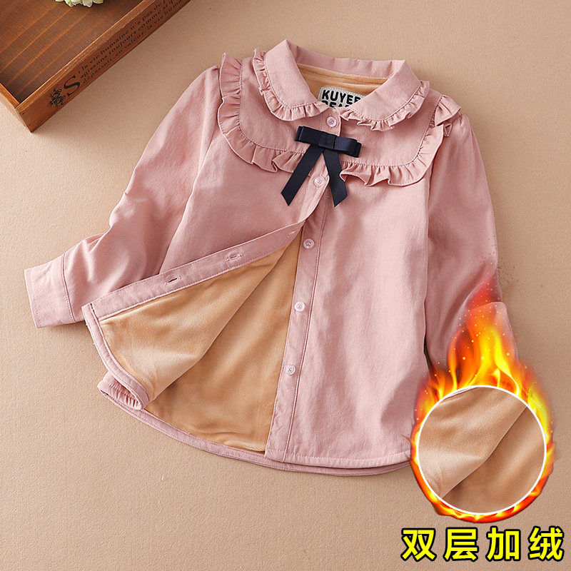 Girls' white shirt long-sleeved 2022 autumn new cotton children's shirt foreign style plus velvet thick girl top