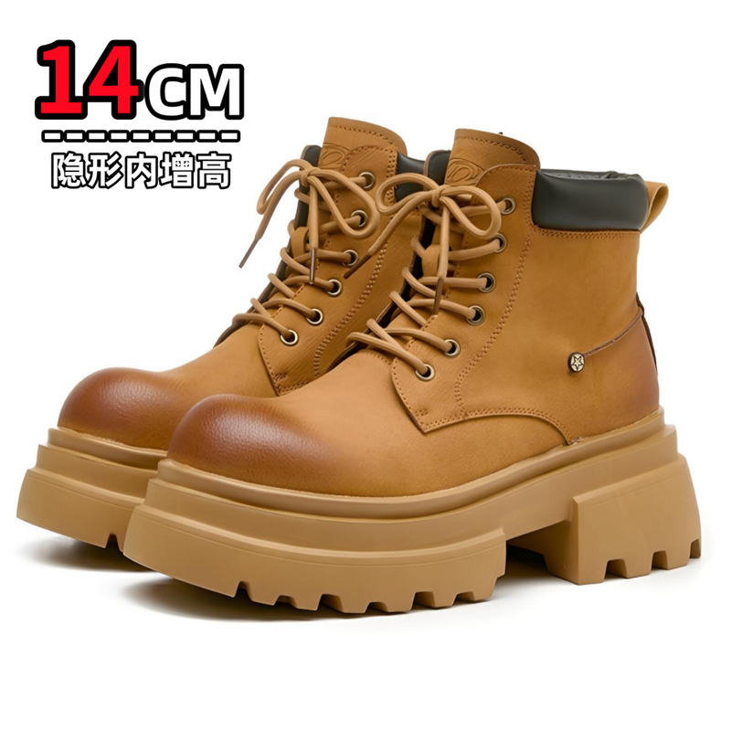 Caramel-Colored Genuine Leather High-Top Yellow Boots with 14cm Hidden Heel for Men, Thick-Soled Martin Boots, Men's Casual Leather Shoes, Women's Couple Shoes